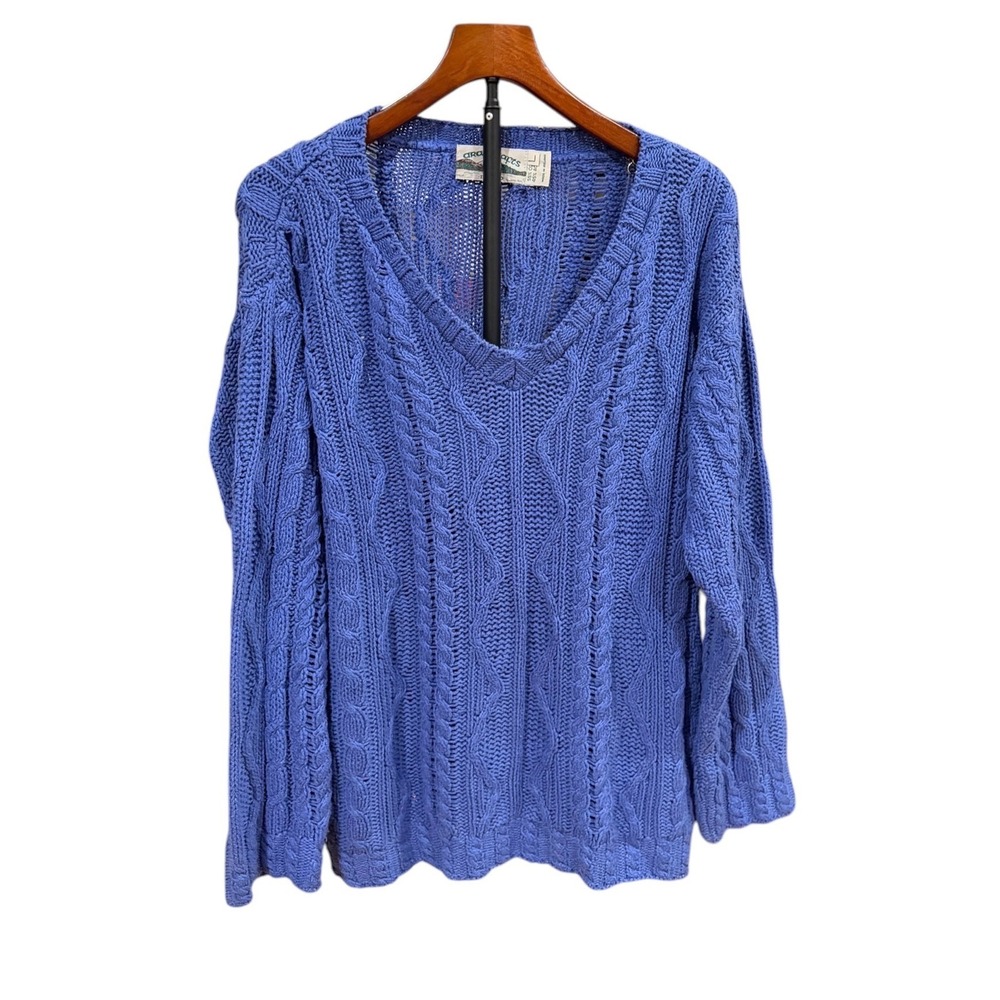 Arancrafts 90s Vtg Ireland Blue Cable Knit V-Neck Sweater Women Cotton Blend L